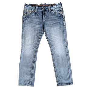 Rock Revival Jeans Mens‎ 38 Daniel Straight Blue Denim Embroidered